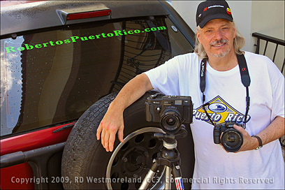 Website Decal on SUV and Roberto With Fuji Rollfilm Camera on Tripod in Coamo, Puerto Rico