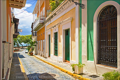 Old San Juan Side Street with Blue Cobble Stone in Puerto Rico