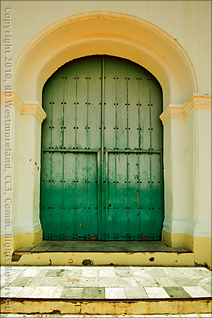 Front Door Detail of Catholic Church at the Top of the Upper Plaza in San German, Puerto Rico