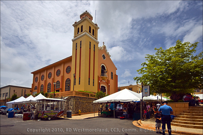 Catholic Church and Artesanos on the Plaza of Barranquitas, Puerto Rico