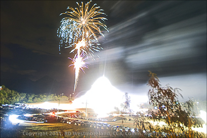 Fireworks Show Overpowered by Lights of Baseball Stadium During San Blas Marathon Celebration in Coamo, Puerto Rico