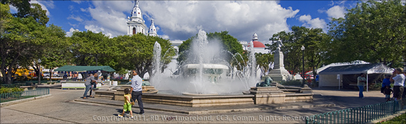 Morning Panoramic Shot of Ponce Plaza with Fountain and Church in the Background, Puerto Rico