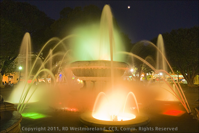 Night-Time Shot of Fountain in Plaza of Ponce, Puerto Rico with Moon