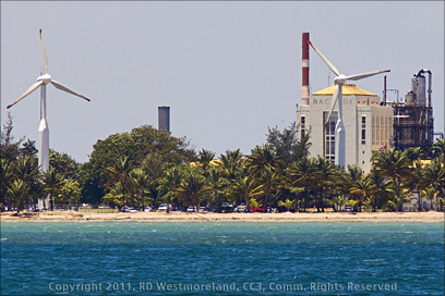 View of Bacardi Campus with Wind Mills from Old San Juan, Puerto Rico