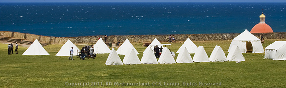 Panoramic of British Battle of 1797 Reenactors Tent Camp, El Morro Fort of Old San Juan, Puerto Rico