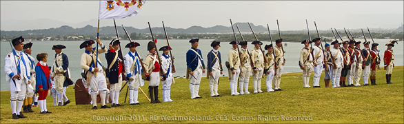 Panoramic Image of British Battle of 1797 Reenactors in Formation, El Morro Fort of Old San Juan, Puerto Rico