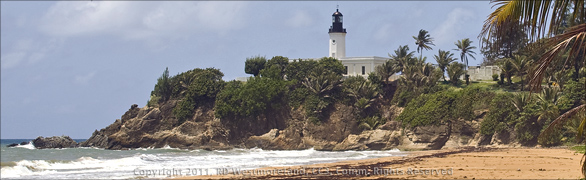 Punta Tuna Lighthouse Panoramic Shot from the Beach Below in Puerto Rico