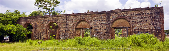 Panoramic Image of Brick and Rock Wall of Abandoned Structure in Maunabo, PR, Shot with a Sony A100 and 10mm to 20mm Sigma Lens