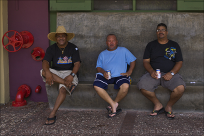 3 Gentlemen Relaxing on Concrete Bench, Outside the Plaza Del Mercado, San Juan Metroplex, Santurce