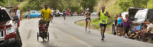 A novelty runners pushing a stroller.